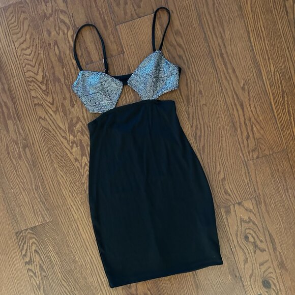 Black Cut Out Sparkle Mini Dress Size Small Bodycon Party Special Occasion - Picture 5 of 15